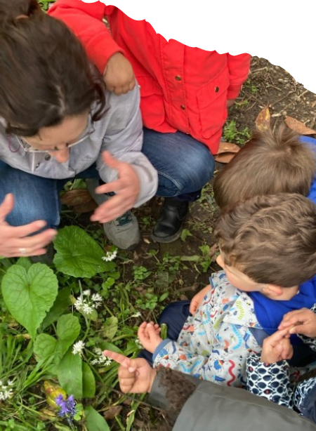 An educator and children discovering plants together in the woodland garden